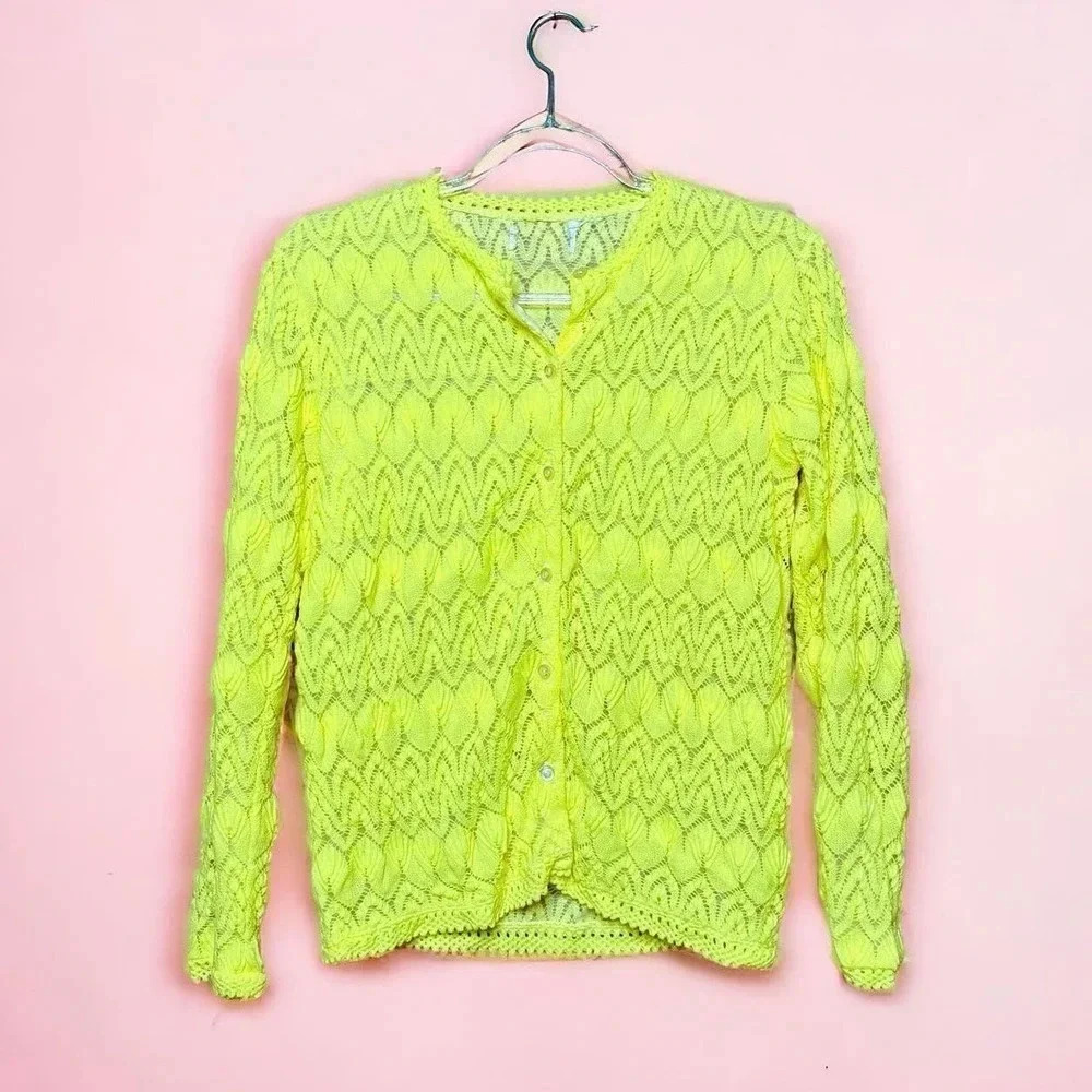 Vintage 1960s Miss Holly Neon Yellow Pointelle Lace Preppy Cottage Cardigan